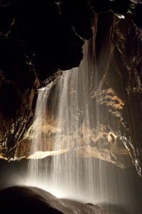 formations and underground waterfall in Tuckaleechee Caverns